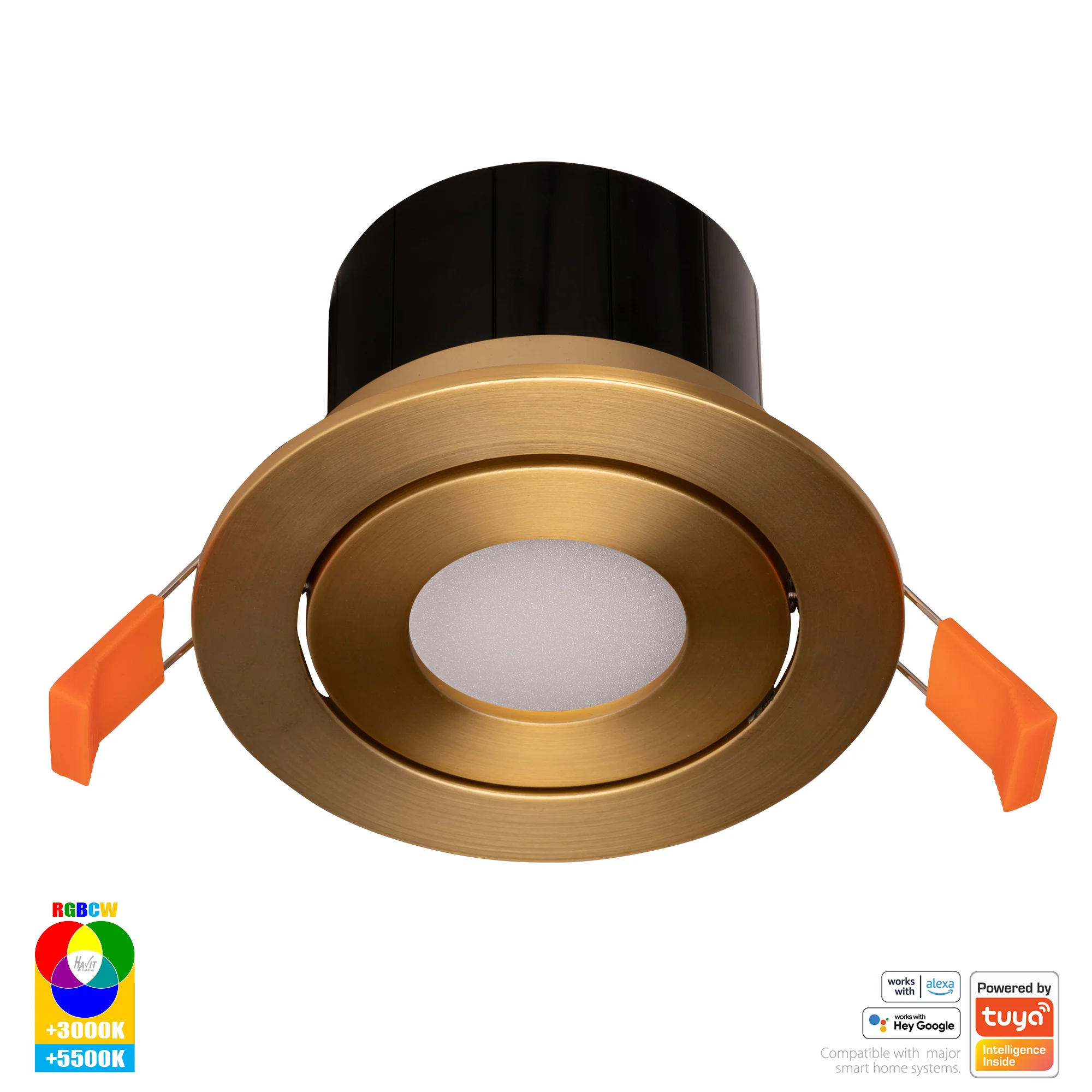 HV5512RGBCW-BR - Prime Brass Coloured Tilt RGBCW WIFI LED Downlight