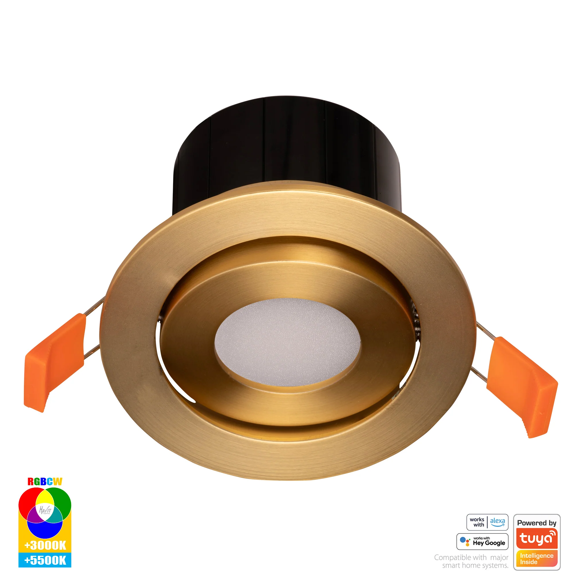 HV5512RGBCW-BR - Prime Brass Coloured Tilt RGBCW WIFI LED Downlight - Image 3