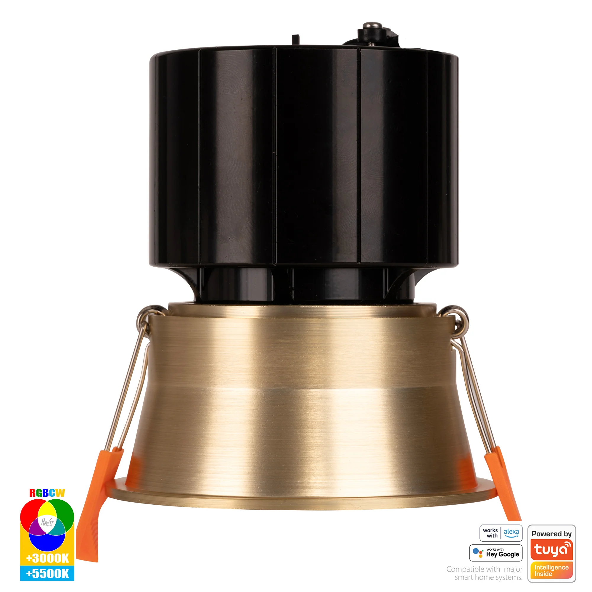 HV5513RGBCW-BR - Prime Brass Coloured Fixed Deep RGBCW WIFI LED Downlight - Image 3