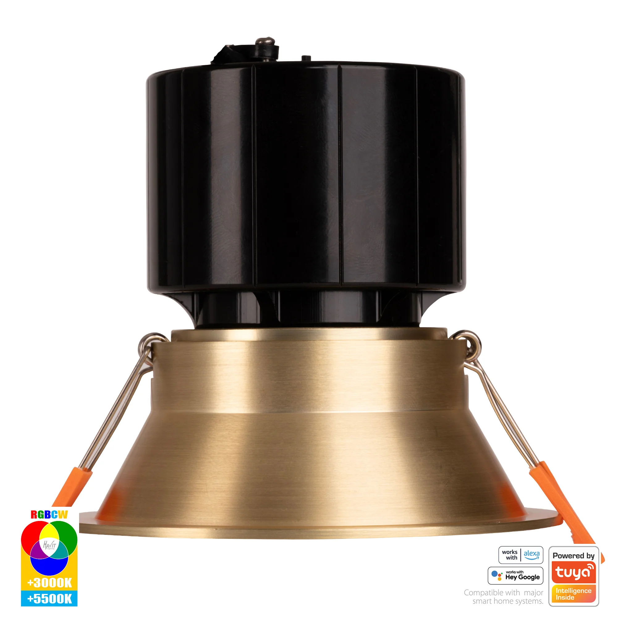 HV5514RGBCW-BR - Prime Brass Coloured Fixed Deep RGBCW WIFI LED Downlight - Image 3