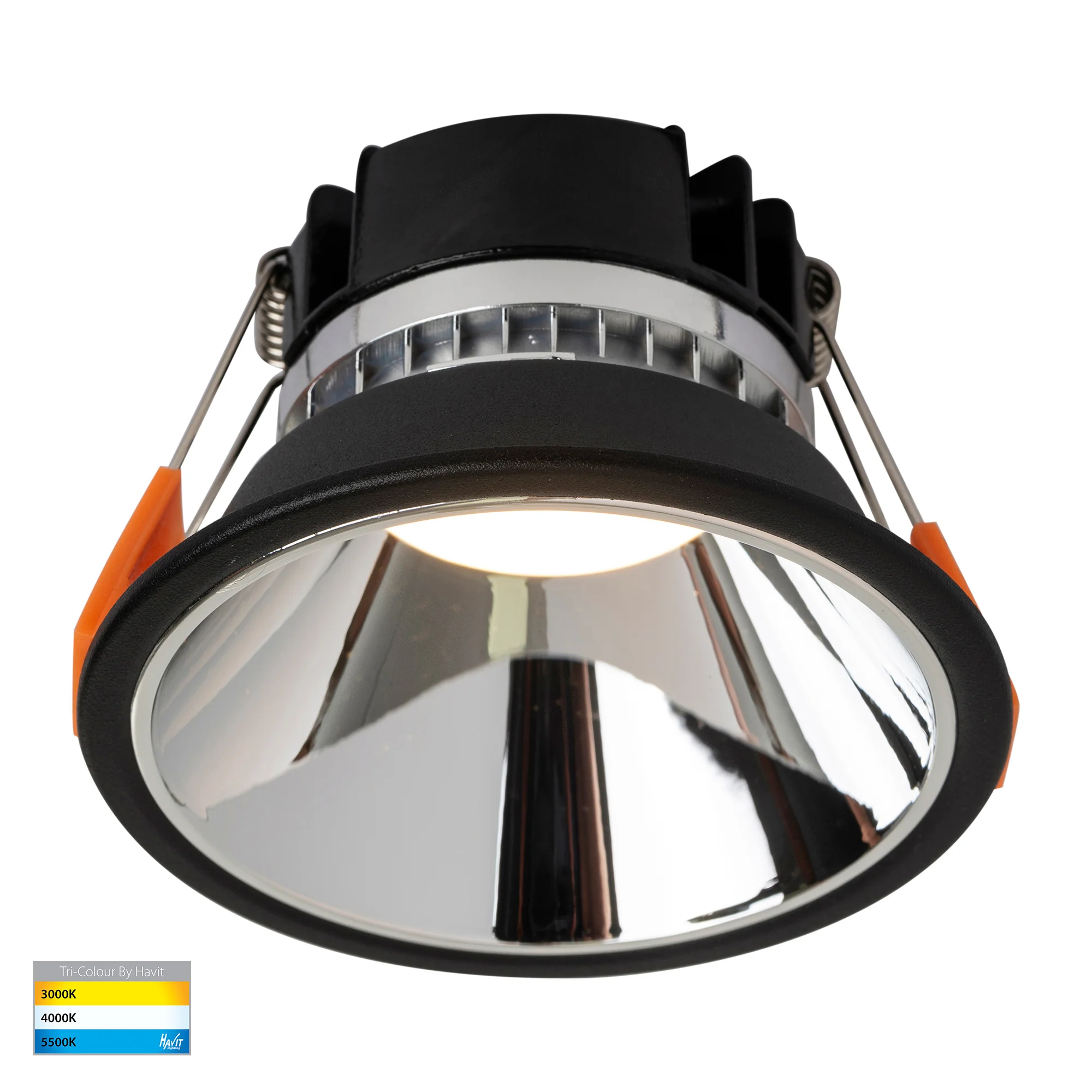 HV5528T-BC - Gleam Black with Chrome Insert Tri Colour Fixed Deep LED Downlight - Image 3