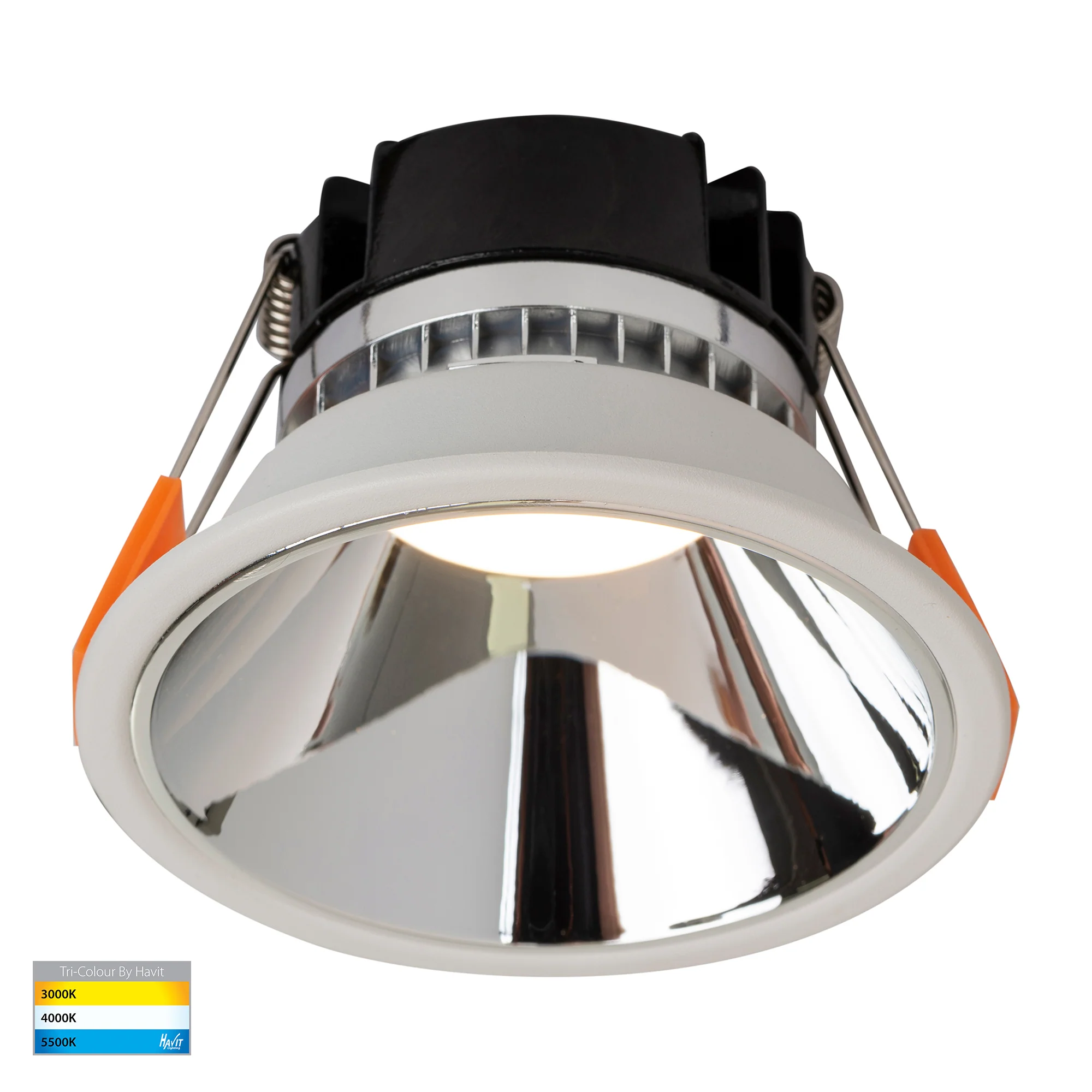 HV5528T-WC - Gleam White with Chrome Insert Tri Colour Fixed Deep LED Downlight - Image 3