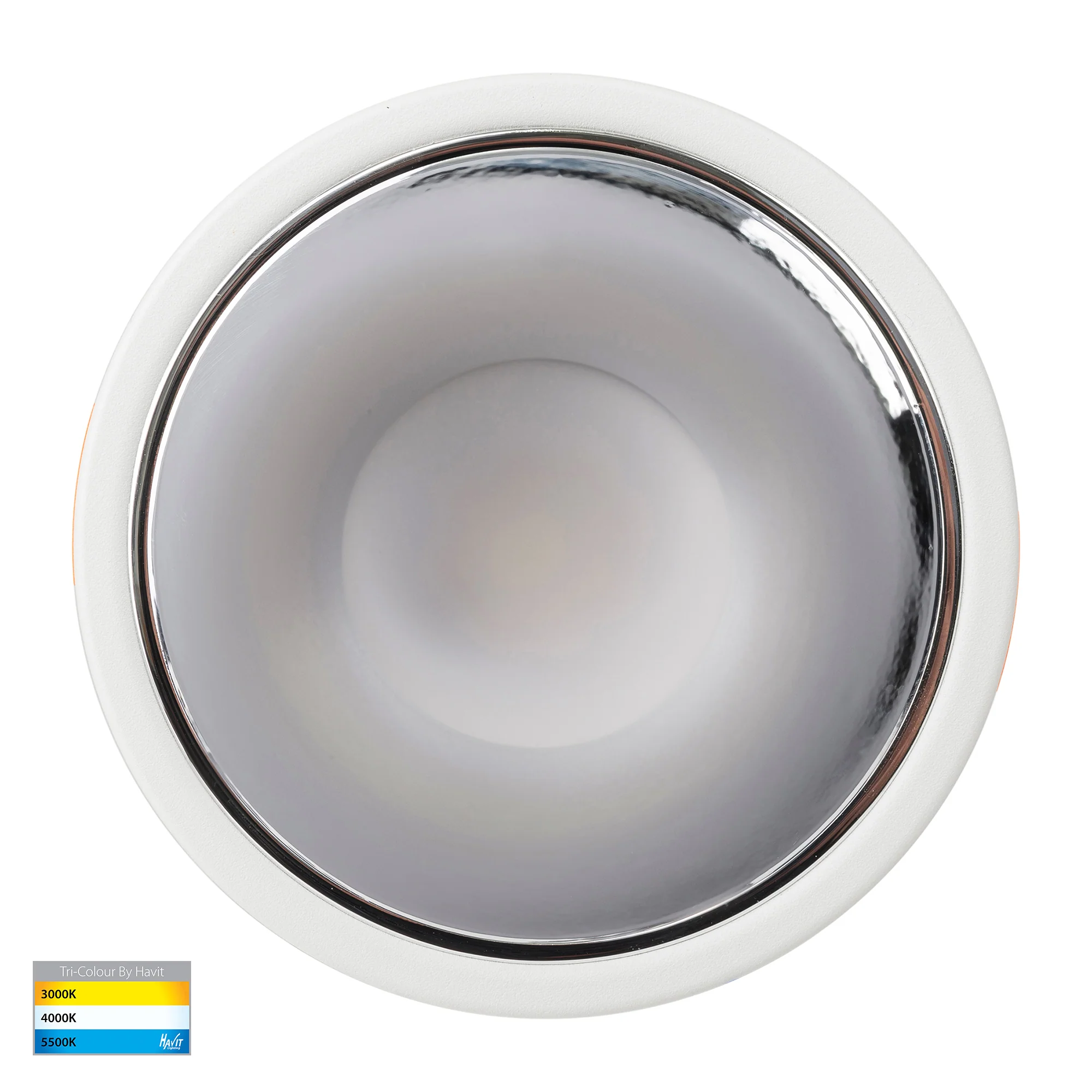 HV5528T-WC - Gleam White with Chrome Insert Tri Colour Fixed Deep LED Downlight - Image 4