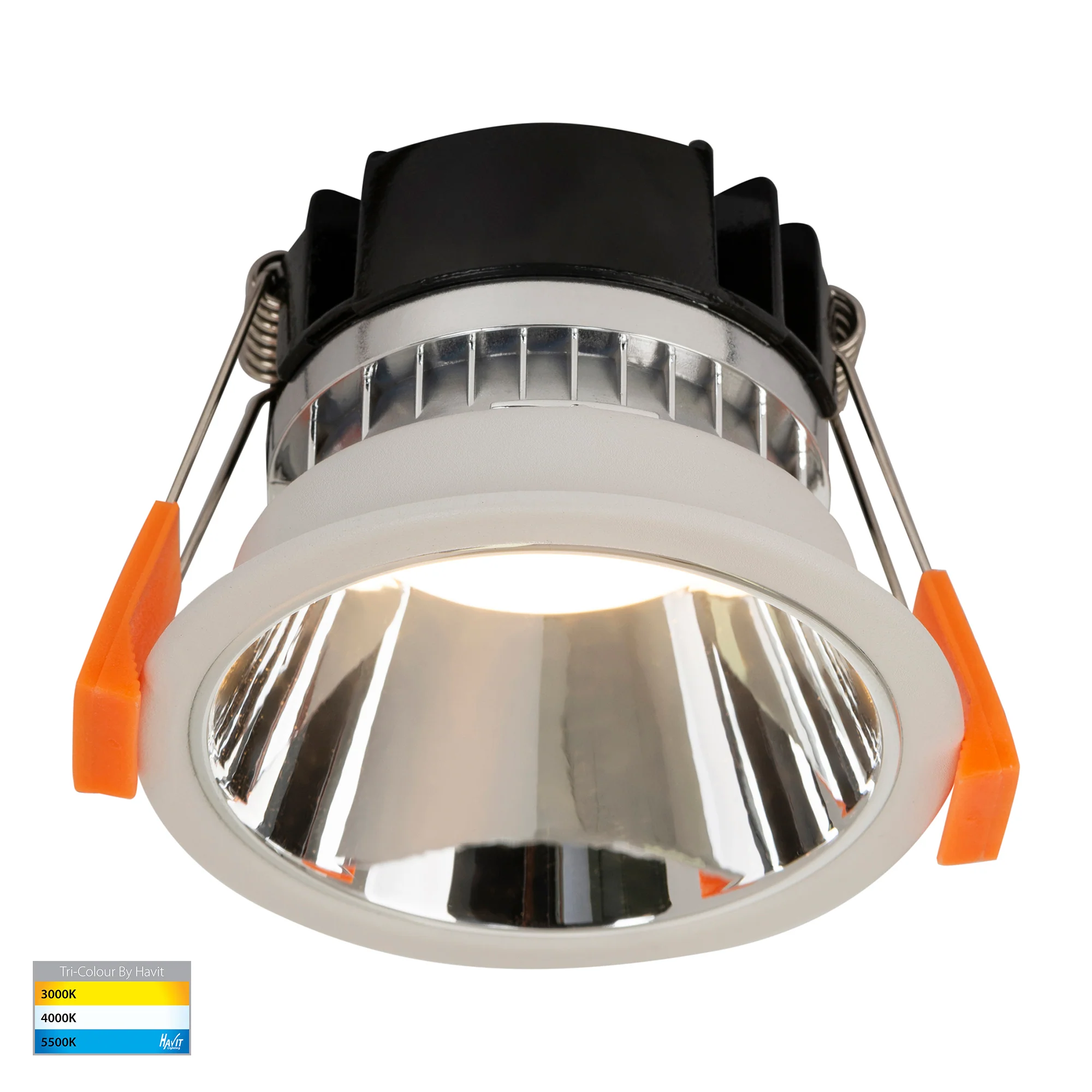 HV5529T-WC - Gleam White with Chrome Insert Tri Colour Fixed Deep LED Downlight - Image 3