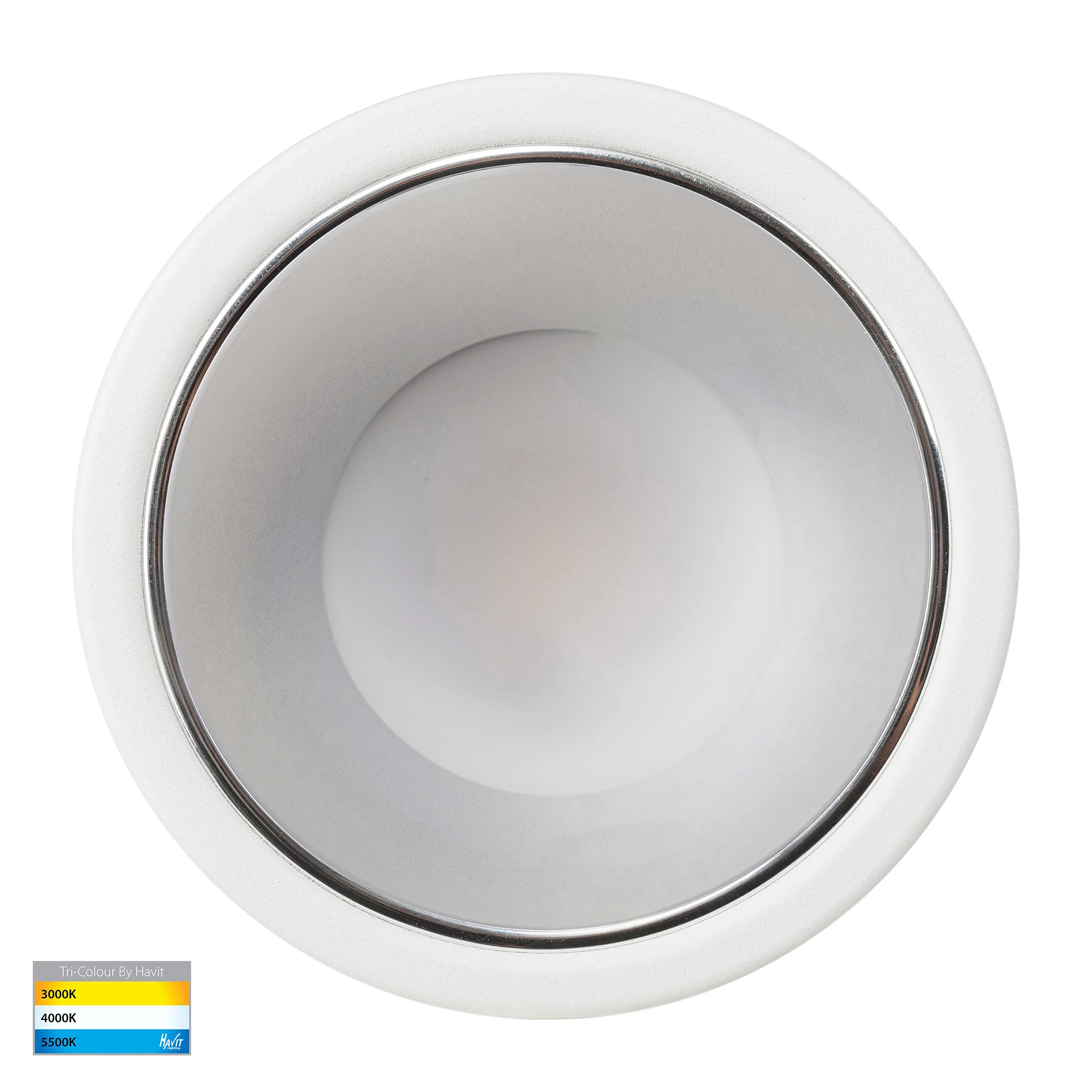 HV5529T-WC - Gleam White with Chrome Insert Tri Colour Fixed Deep LED Downlight - Image 4