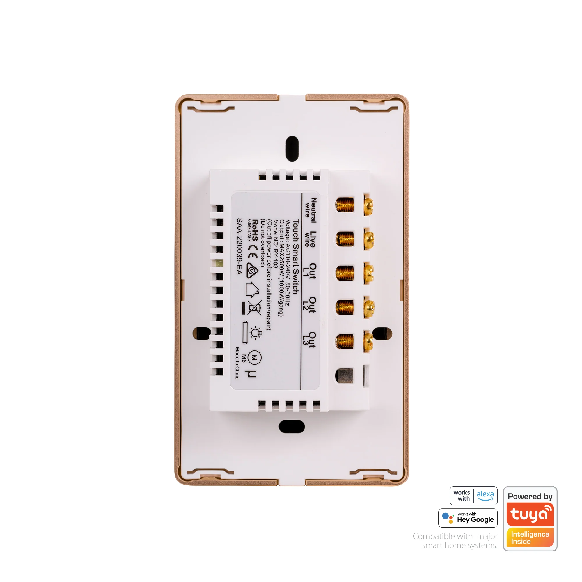 HV9120-3 - Wifi 3 Gang White with Gold Trim Wall Switch - Image 4